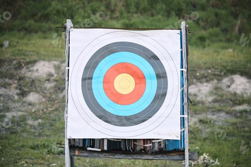 Preview: Bullseye target paper, outdoor and board at shooting range for weapon training, aim and accuracy. S