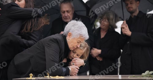 Preview: Funeral, crying family and child hug grandmother for support, mourning depression and death at emot