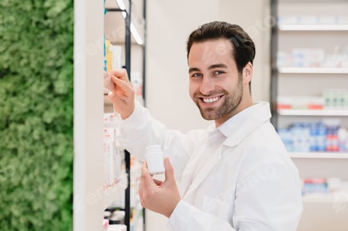 Preview: Druggist holding remedy pills while looking for another medicines on shelves of pharmacy