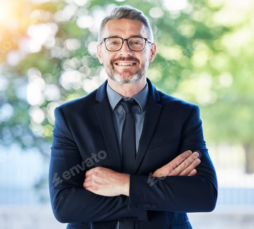 Preview: Face, senior ceo and man with arms crossed outdoor for business, entrepreneurship and professional