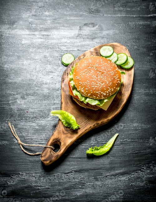 Preview: Burger on a cutting Board with cucumber and herbs.