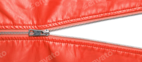 Preview: Red Leather Texture And Open Metal Zipper Isolated On White Background