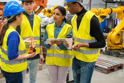 Preview: Group of engineers in a factory collaborating at work