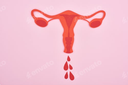 Preview: top view of red paper cut female reproductive internal organs with blood drops on pink background