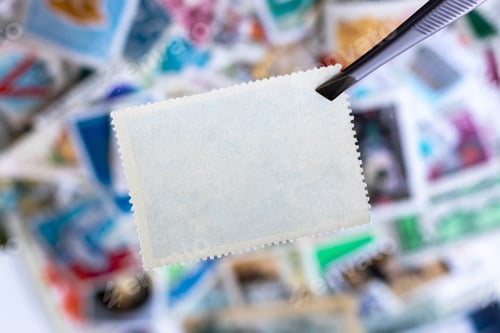 Preview: Blank postage stamp in tweezers against blurred background collection of multicolored postage stamps