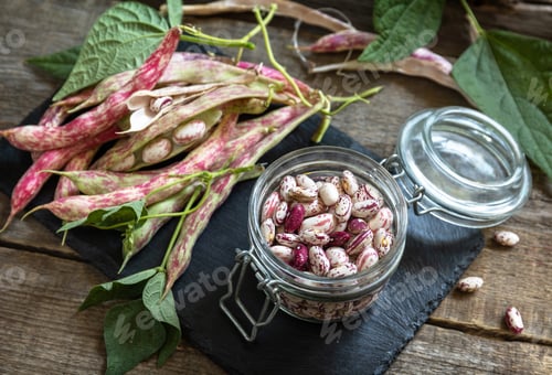 Preview: Beans of bean, brown bean (of dried beans) harvest on a rustic table. Photo nominated.