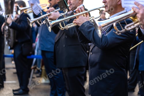 Preview: Wind instrument music band making music on the street.