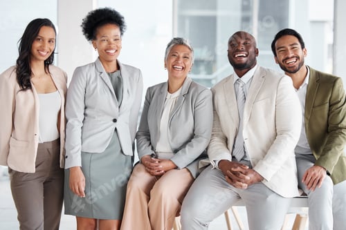 Preview: Diversity, portrait and group of business people in the office posing together after a meeting. Col