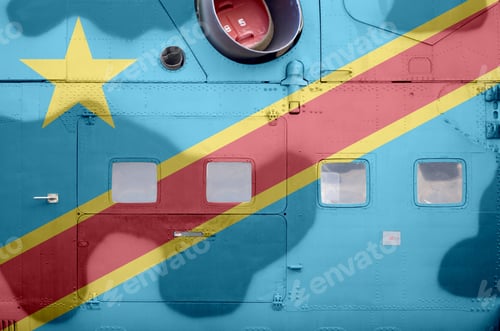 Preview: Democratic Republic of the Congo flag depicted on side part of military armored helicopter close up
