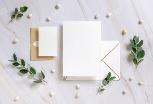 Preview: Cards and envelope on a marble table near eucalyptus branches and pebbles top view, Wedding mockup
