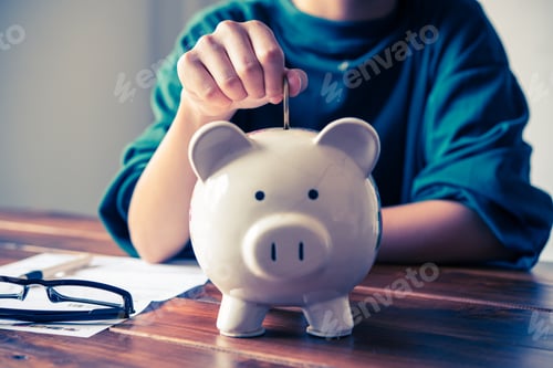 Preview: Hands are money into a piggy bank - concept of saving.