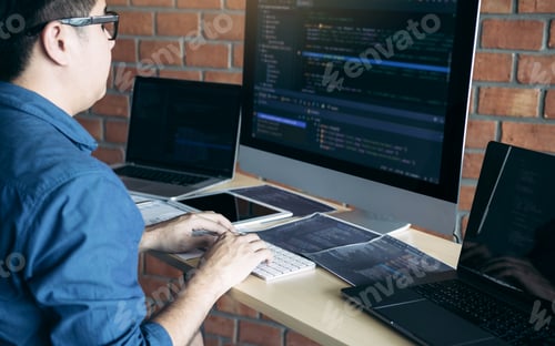 Preview: man working code program developer computer web development working design software