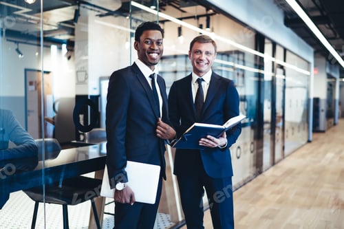 Preview: Cheerful multiethnic office people arguing documentation in book at office
