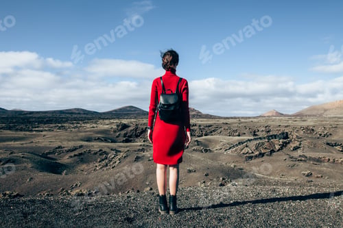 Preview: Back view of traveler woman enjoying unique volcanic landscapes