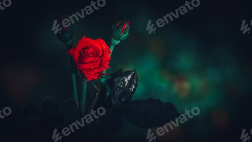 Preview: Isolated Single Red rose flower and two buds in the dark