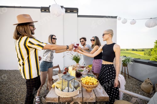 Visualização: Jovens amigos elegantes tendo um jantar festivo no terraço