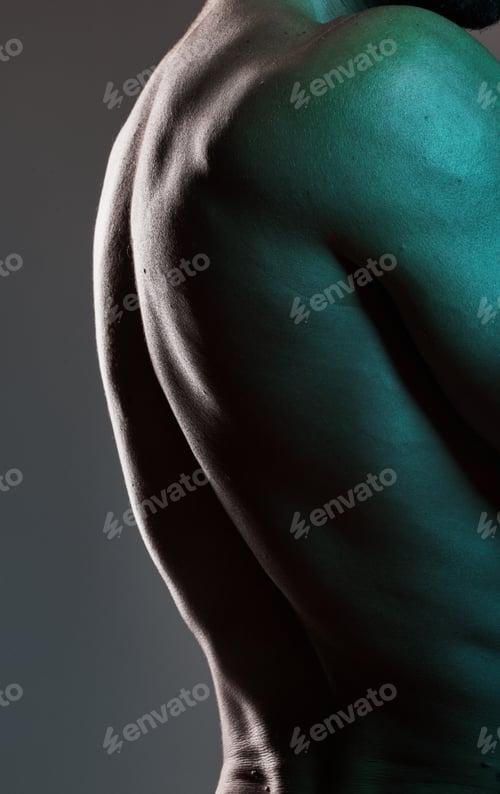 Preview: Man, body or muscles on dark studio background and blue light aesthetic, fitness goals or workout p