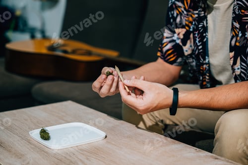 Preview: Asian young man sitting on a couch with a cannabis bud in his hand and smoking a joint relaxing time