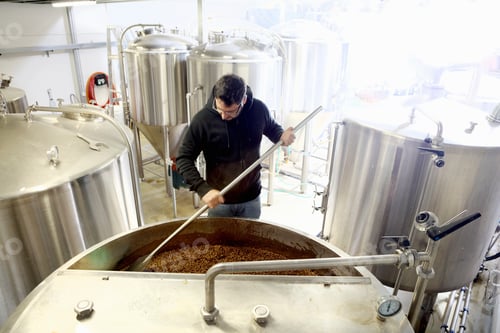 Preview: Worker in brewery, mixing barley grains in brew tank