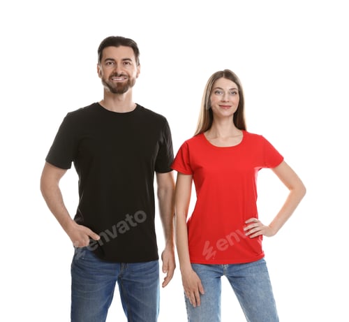 Preview: Woman and man wearing blank t-shirts on white background. Mockup for design