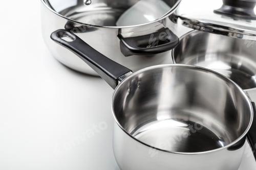 Preview: Stainless steel pots and pans isolated on white