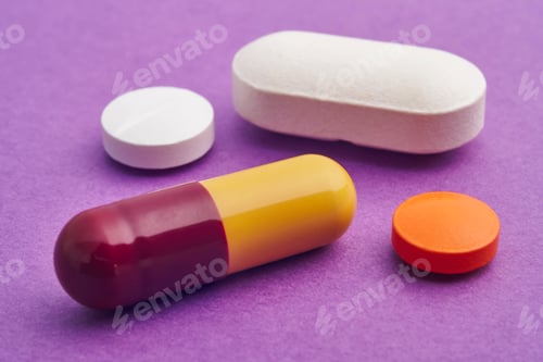Preview: Pills over a purple background. Medicament treatment. Health care photo
