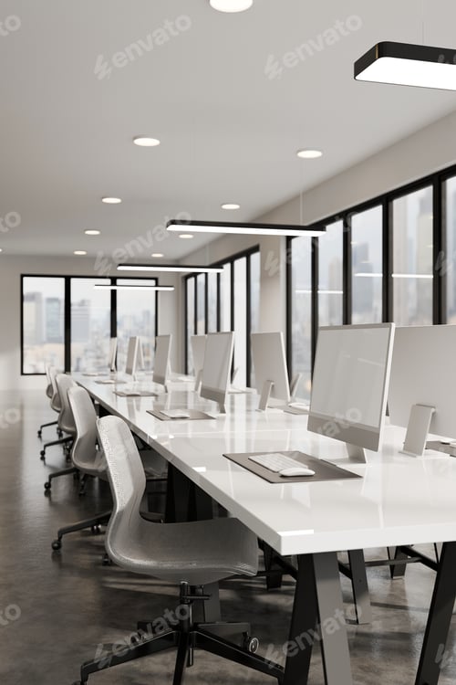 Preview: Vertical 3D render of a modern office with white desks, computers overlooking the city skyline.
