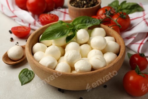 Preview: Concept of tasty eating with bowl of mozzarella cheese on white textured background