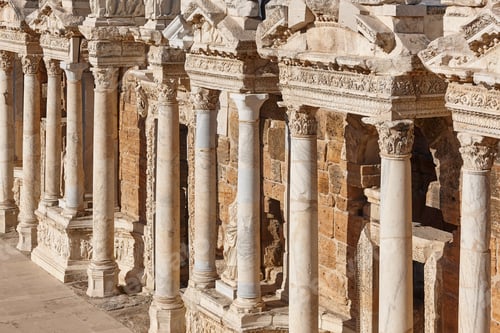 Preview: Amphitheatre classic columns in Hierapolis archeology landmark. Pamukkale, Turkey