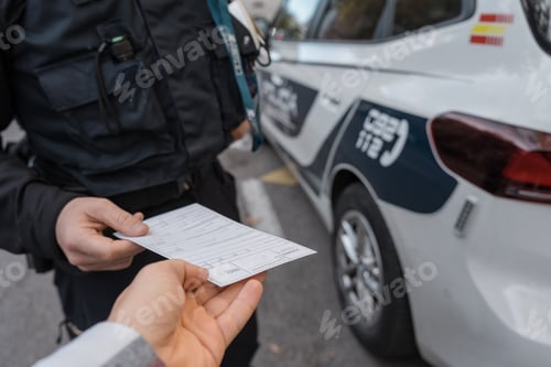 Preview: Police officer delivering document to driver during traffic control