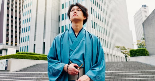 Preview: Japanese man, thinking and city with traditional fashion, outfit and yukata for heritage. Travel, g