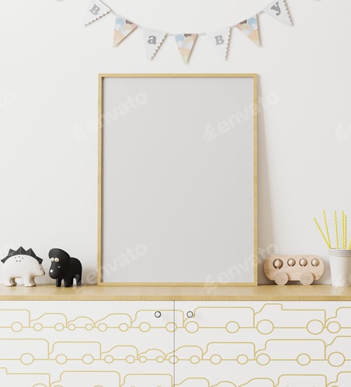 Preview: Blank wooden poster frame mockup in children's room interior with white wall