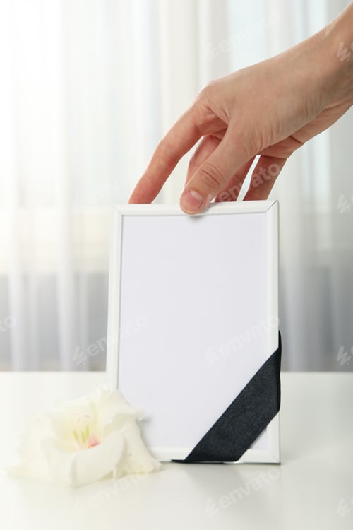 Preview: Photo frame, flower and female hand on light background