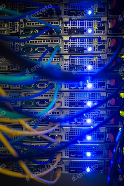 Preview: Interior of server with wires blue close up in data center