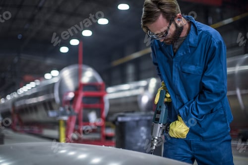 Preview: Worker working with drill in steel factory