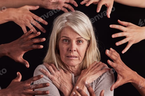 Preview: Anxiety, schizophrenia and face of woman with hands reach in horror, fear and black background for
