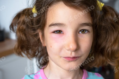 Visualização: Uma pálpebra vermelha e inchada no rosto de uma criança de perto é uma alergia a uma picada de inseto. Reação alérgica