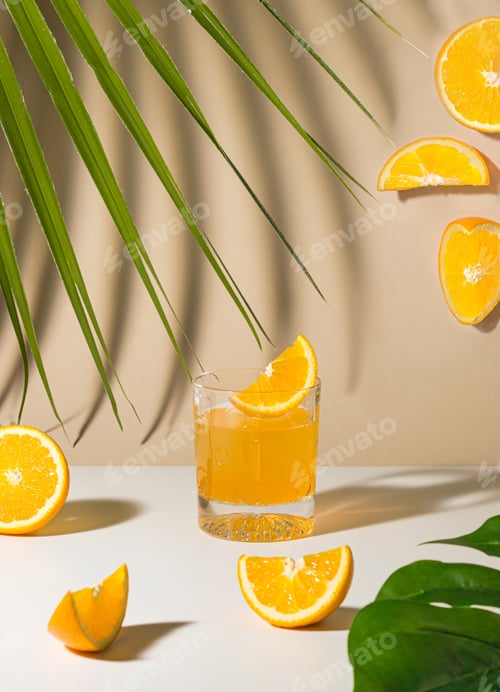 Preview: Tropical summer drink. Orange cocktail on the light surface and palm branch as a decoration .