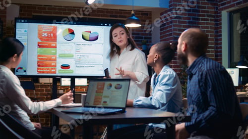 Preview: Business analytics team meeting, woman showing corporate presentation