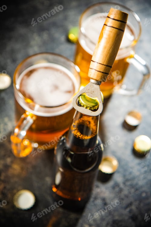 Preview: Beer in glasses and bottle opener.