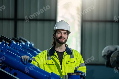 Preview: Engineer in modern industrial factory inspect robot arm controller in production plant factory.