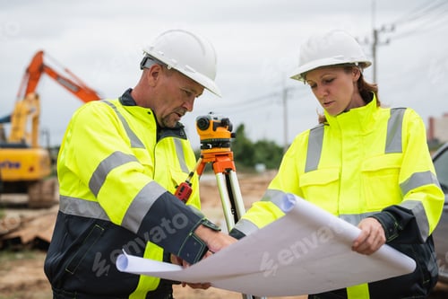 Preview: The survey team is using a theodolite and road construction plans.