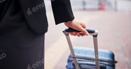 Preview: Hand, suitcase and travel for business, city and luggage for commuting, holiday and trip for work.