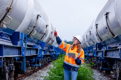 Preview: Female Engineer Inspecting Tanker Railcars with Walkie-Talkie
