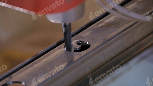Preview: Hole being drilled into metal. Drilling closeup in metal workshop. Employee drill in flat steel