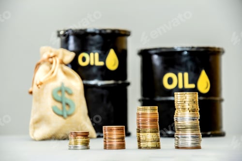 Preview: Oil barrels, a bag of dollars, growing stacks of coins. Rising petroleum product
