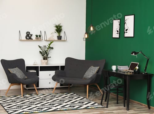Preview: Modern living room interior with workplace near green wall