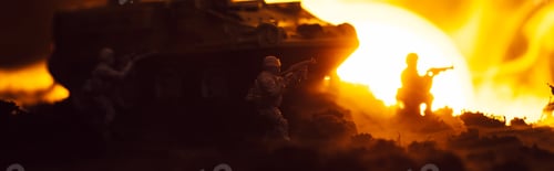 Preview: Battle scene with toy warriors, tank and fire with sunset at background, panoramic shot