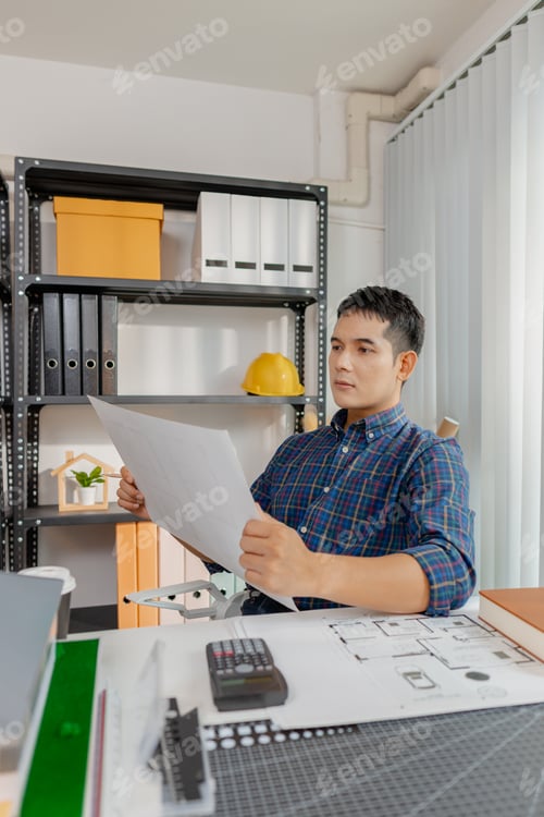 Preview: Young male architect working thoughtfully at office desk