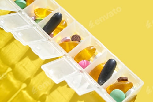 Preview: Weekly pill organizer with supplements and vitamins on yellow background